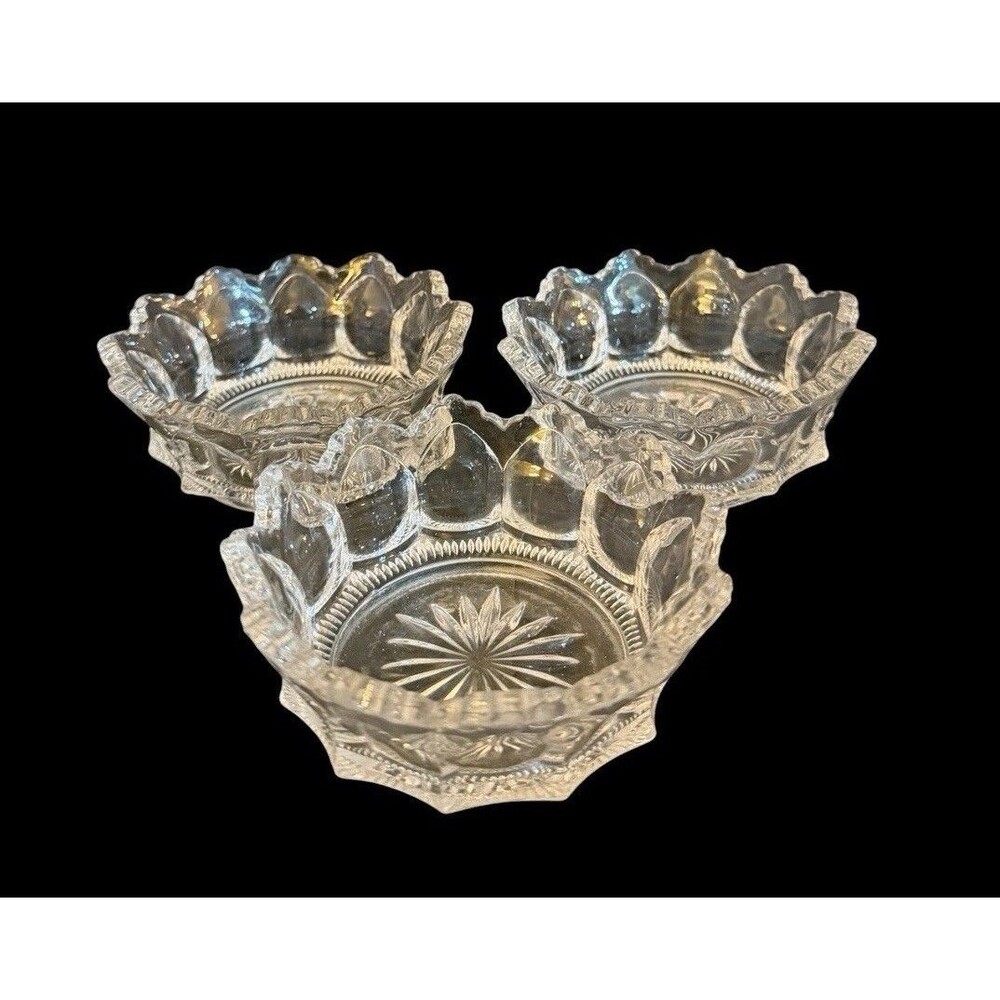 3 Vtg Heisey Glass Sawtooth Colonial Pattern 4” Nappy Berry Bowls Nuts Candy